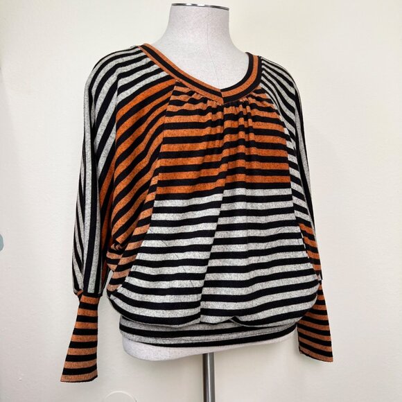 PATTERN Brown Orange & Oatmeal Striped V-Neck Dolman 3/4 Sleeve Top w/Pockets L - Picture 4 of 11